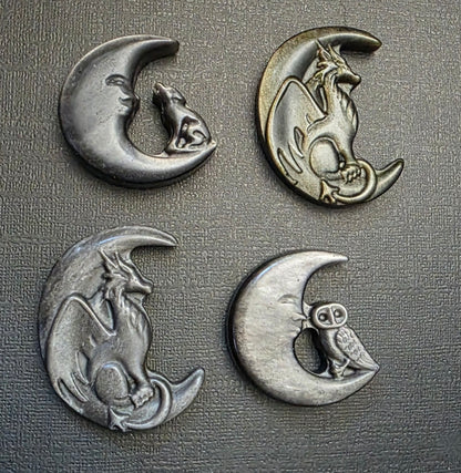 Silver Sheen & Gold Sheen Obsidian Moon Carvings – Protection, Intuition, Shadow Work