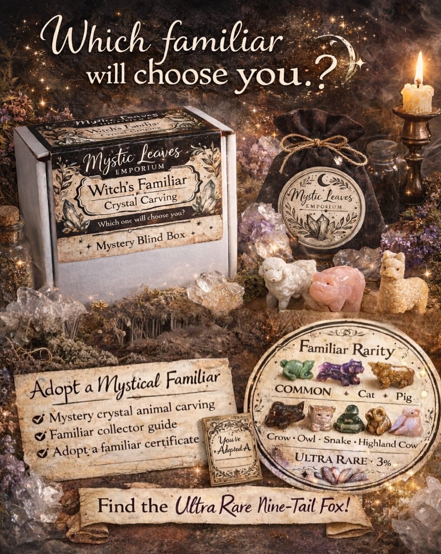 Witch’s Familiar Crystal Carving Blind Box | Mystery Animal Spirit Crystal | Mystic Leaves Emporium