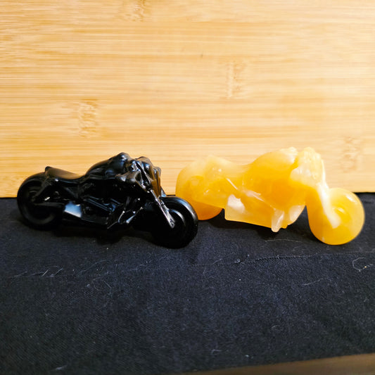 Honey Calcite Motorcycle Carving- Freedom, Momentum, Protection on the Open Road