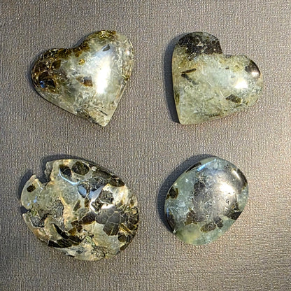 Prehnite hearts and palm stones – Healing, Inner Peace & Intuitive Connection