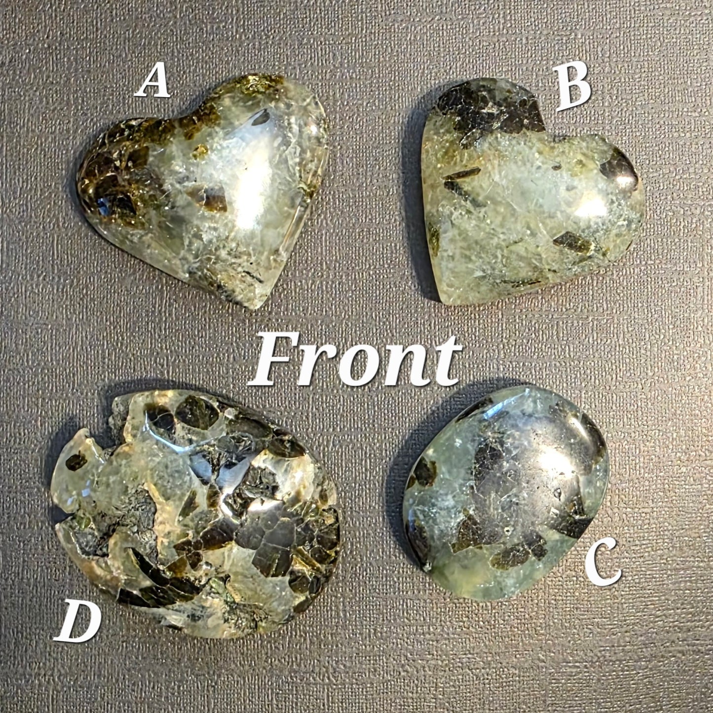 Prehnite hearts and palm stones – Healing, Inner Peace & Intuitive Connection